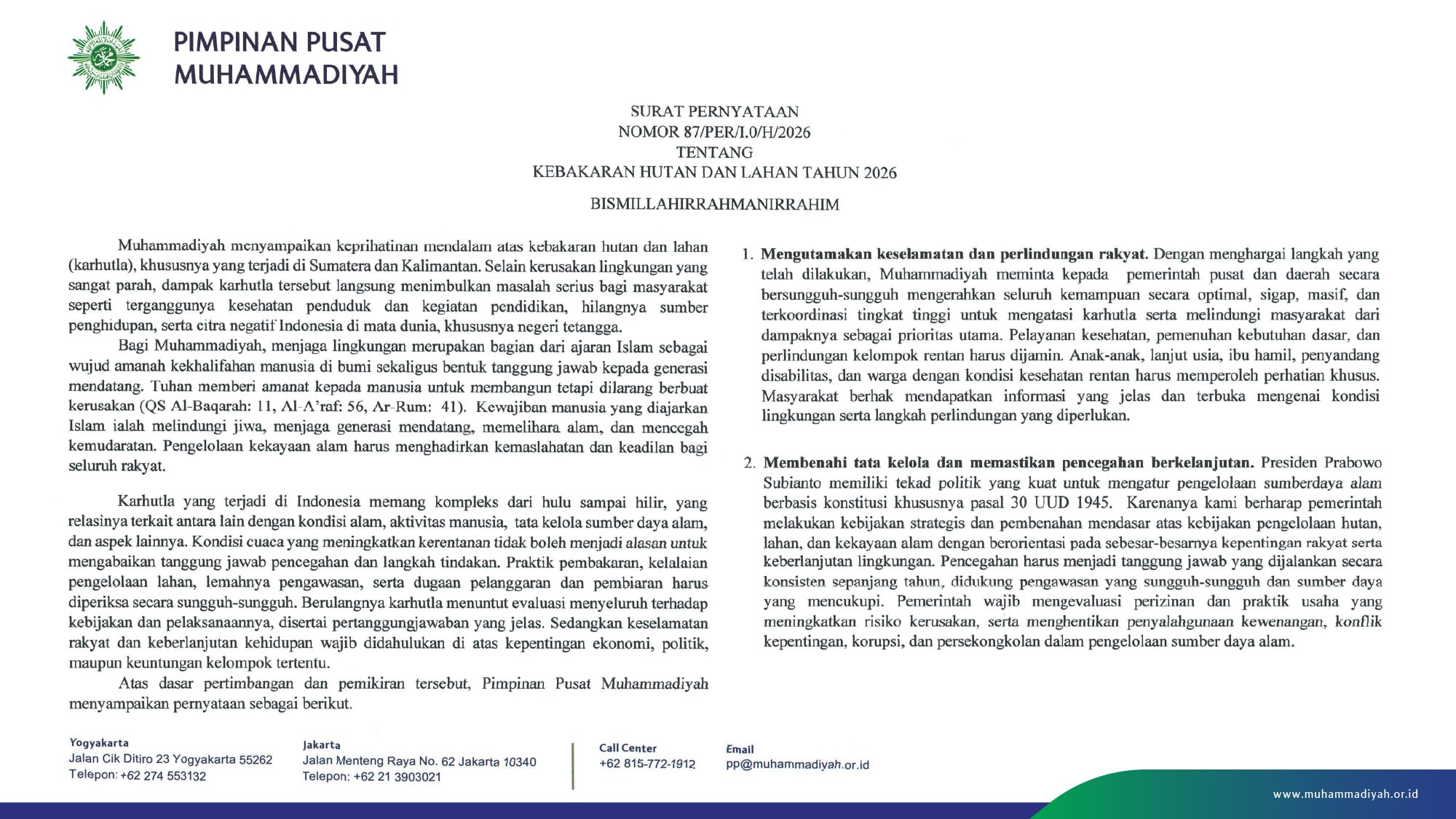 PP Muhammadiyah Rilis 8 Sikap Terkait Karhutla 2026: Tegaskan Keselamatan Rakyat Harus Jadi Prioritas Utama